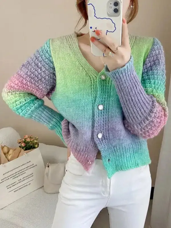 Rainbow Gradient Color Sweater Loose Lazy Long-sleeved V-neck Knit Cardigan