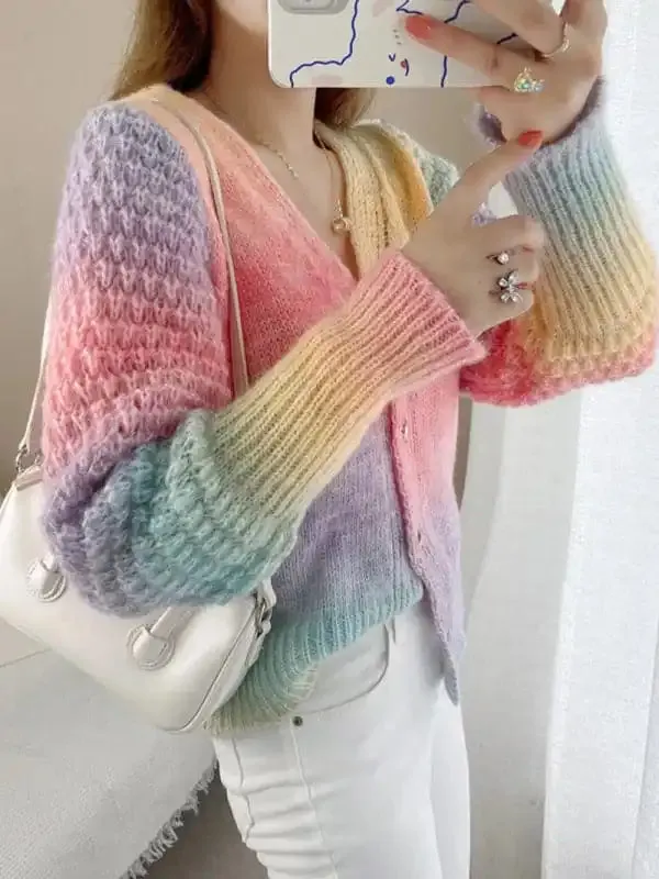 Rainbow Gradient Color Sweater Loose Lazy Long-sleeved V-neck Knit Cardigan