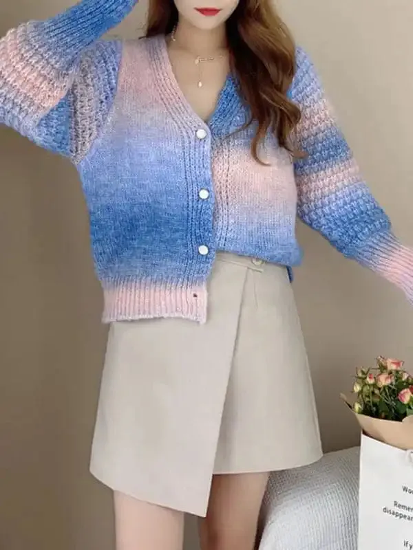 Rainbow Gradient Color Sweater Loose Lazy Long-sleeved V-neck Knit Cardigan