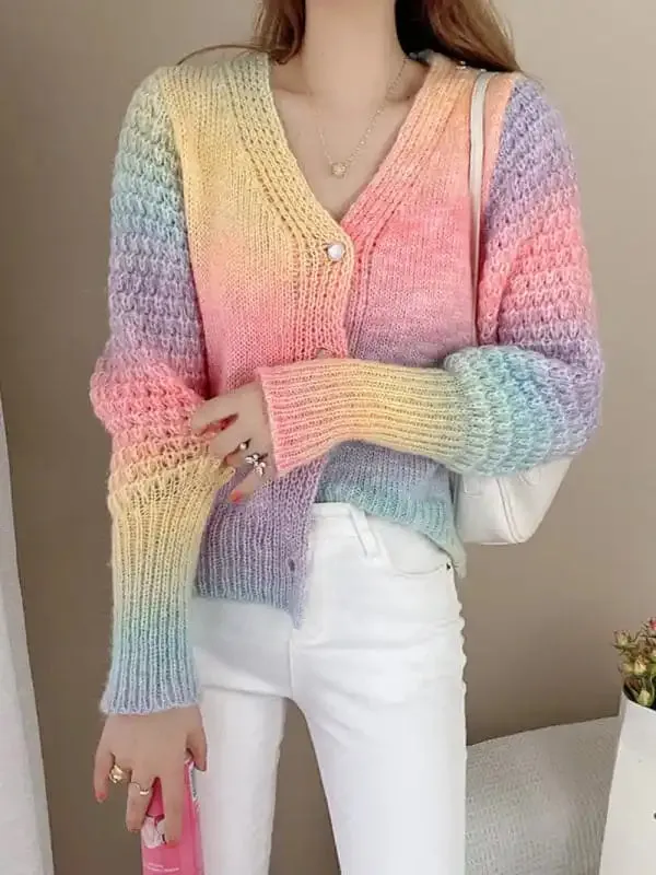 Rainbow Gradient Color Sweater Loose Lazy Long-sleeved V-neck Knit Cardigan