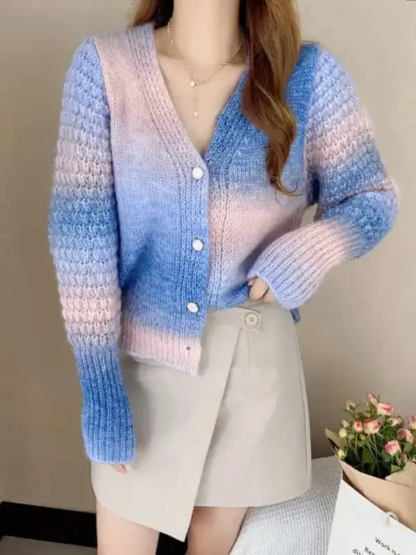 Rainbow Gradient Color Sweater Loose Lazy Long-sleeved V-neck Knit Cardigan