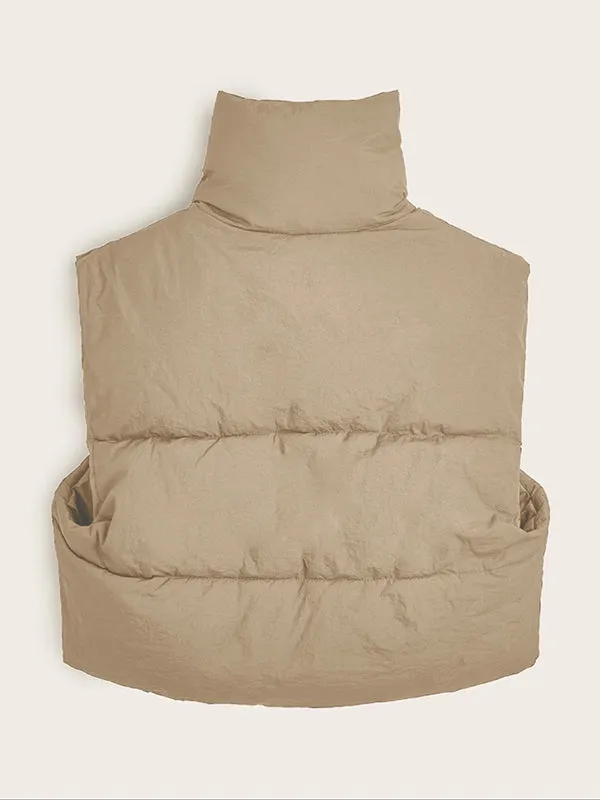Sleeveless Drawstring Solid Color Split-Joint Zipper High Neck Padded Vest