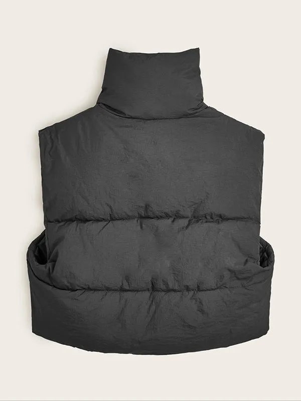 Sleeveless Drawstring Solid Color Split-Joint Zipper High Neck Padded Vest