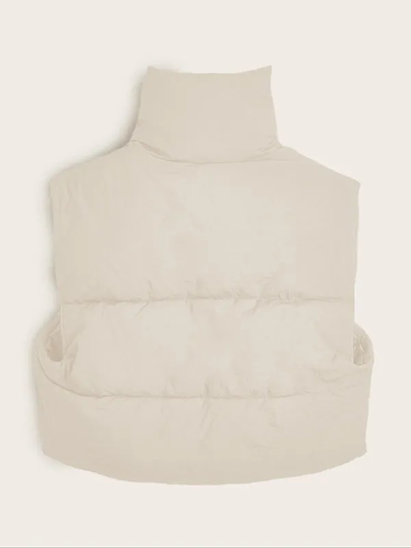 Sleeveless Drawstring Solid Color Split-Joint Zipper High Neck Padded Vest