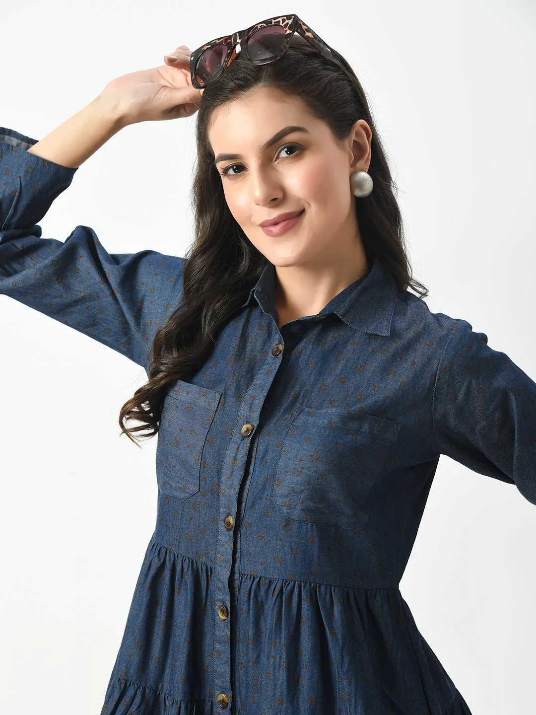 Smocked Denim Button Down Dress - Collared V-Neck, Ruffle Cuffs