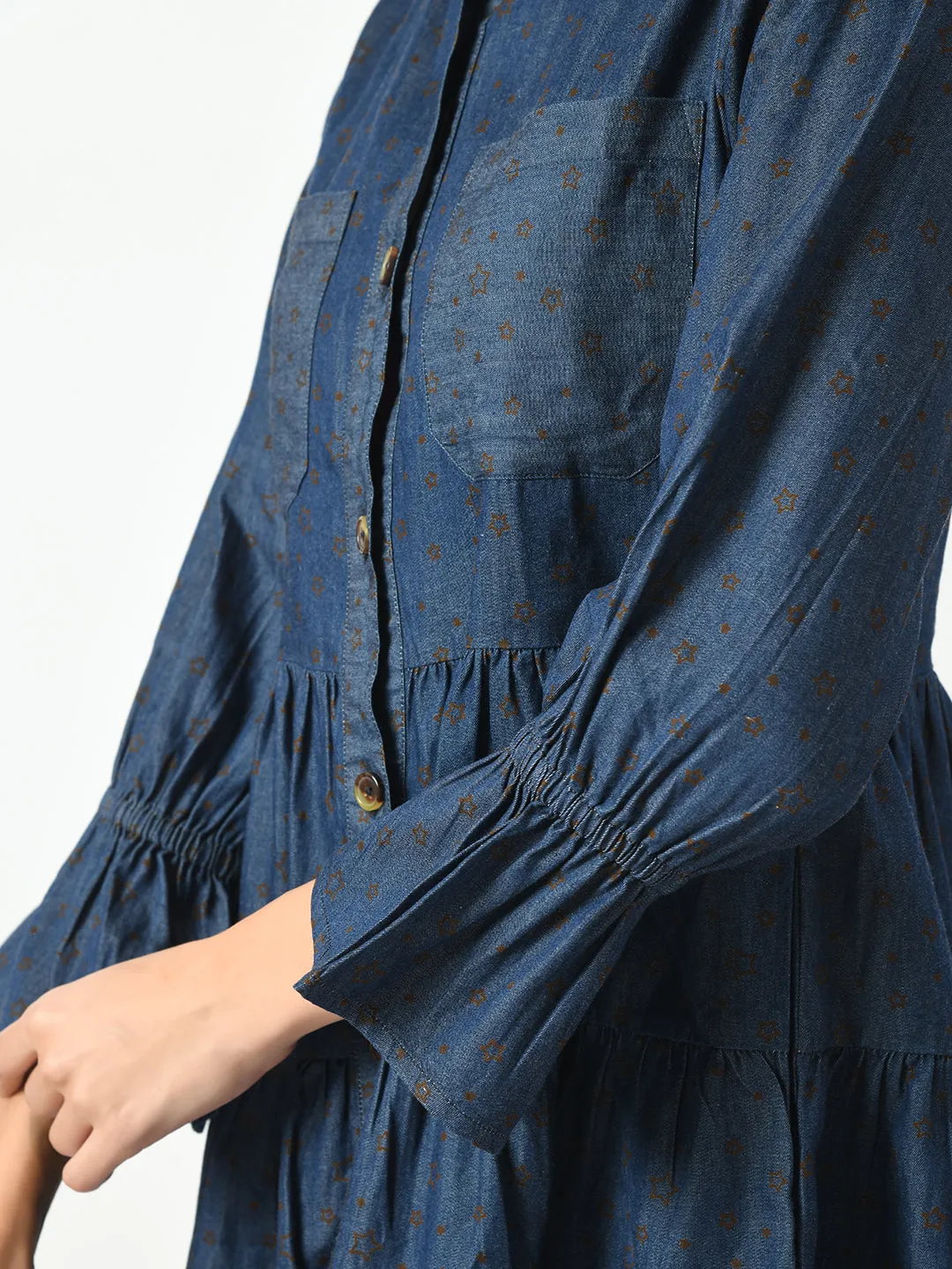 Smocked Denim Button Down Dress - Collared V-Neck, Ruffle Cuffs