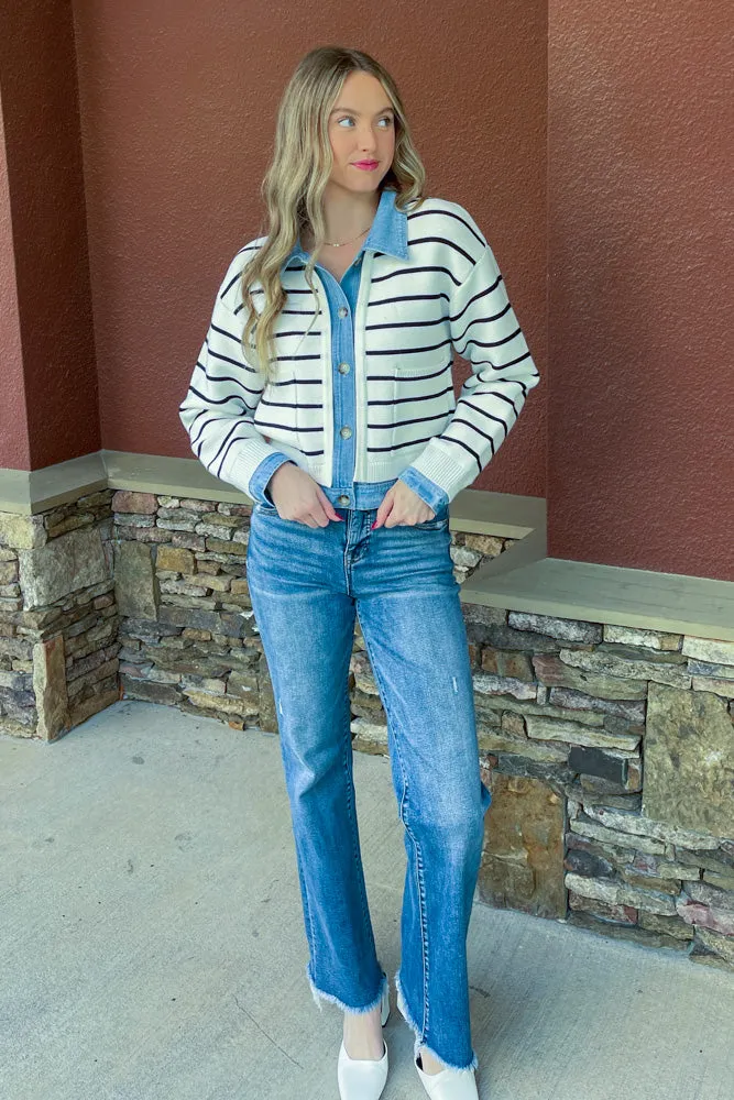 Stripe Knit And Denim Cardigan-Cream