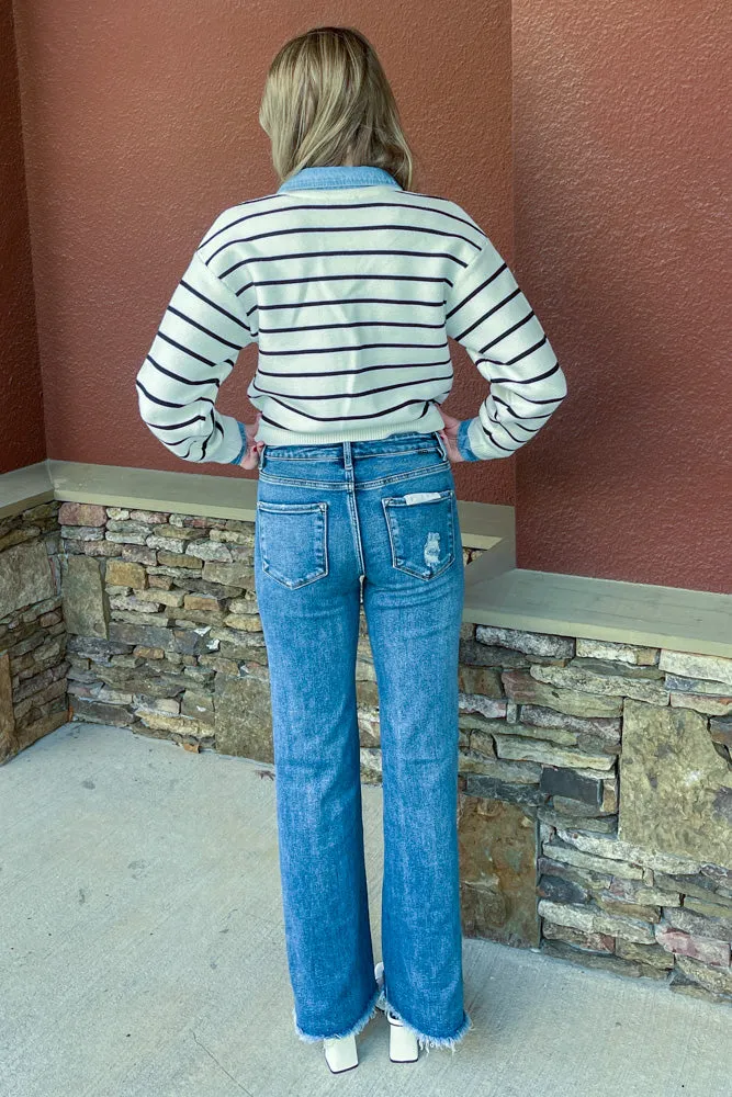 Stripe Knit And Denim Cardigan-Cream