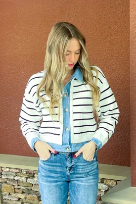 Stripe Knit And Denim Cardigan-Cream