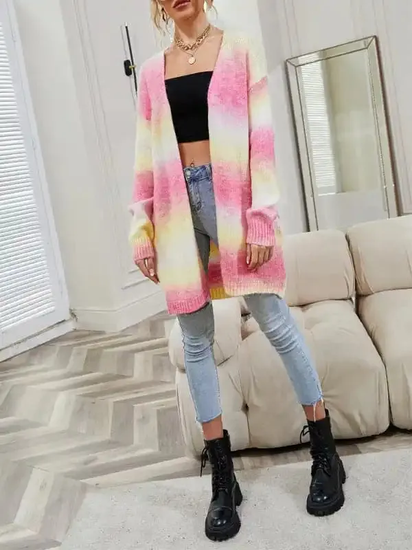 Sweater Rainbow Tie-Dye Mid-Length Oversized Cardigan Pocket Knit Jacket