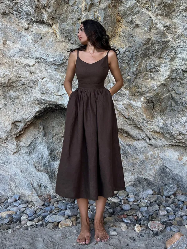V-neck Elegant Sexy Strappy Backless Suspender Long Dress