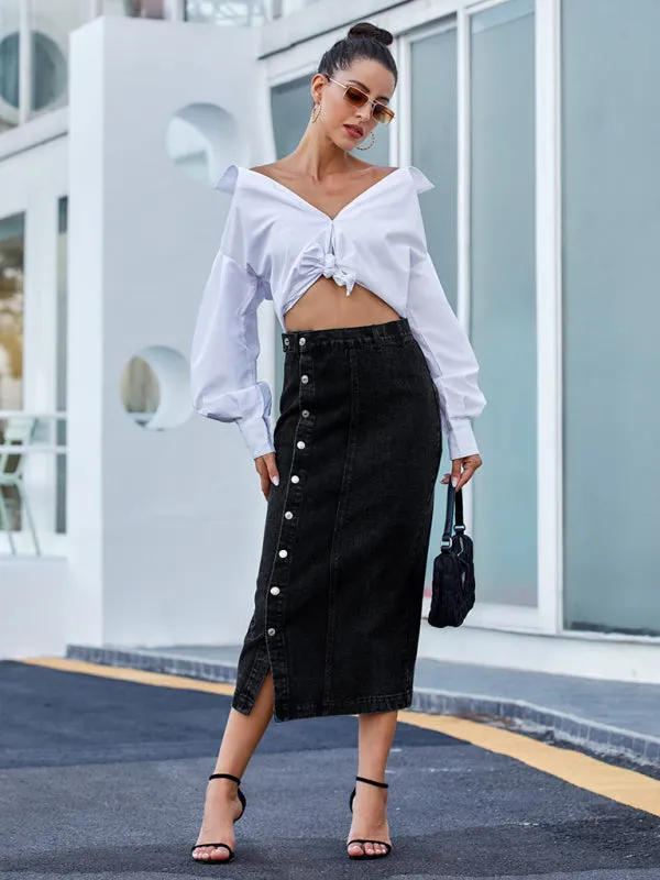 Women's Button Irregular Split Denim High Waist Skirt
