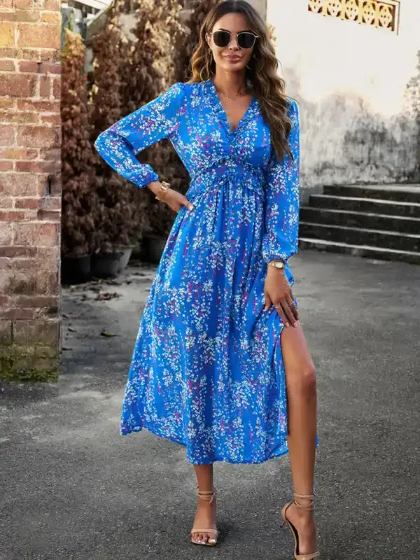 Women’s Fashion V Neck Long Sleeves Elegant Chiffon Casual Dress