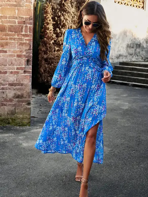 Women’s Fashion V Neck Long Sleeves Elegant Chiffon Casual Dress