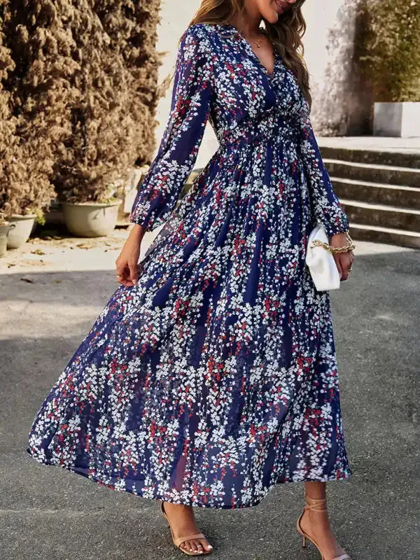 Women’s Fashion V Neck Long Sleeves Elegant Chiffon Casual Dress