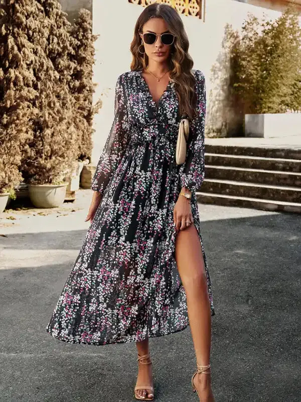 Women’s Fashion V Neck Long Sleeves Elegant Chiffon Casual Dress