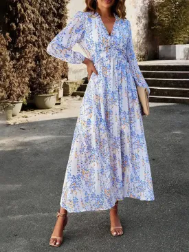 Women’s Fashion V Neck Long Sleeves Elegant Chiffon Casual Dress