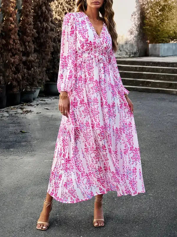 Women’s Fashion V Neck Long Sleeves Elegant Chiffon Casual Dress