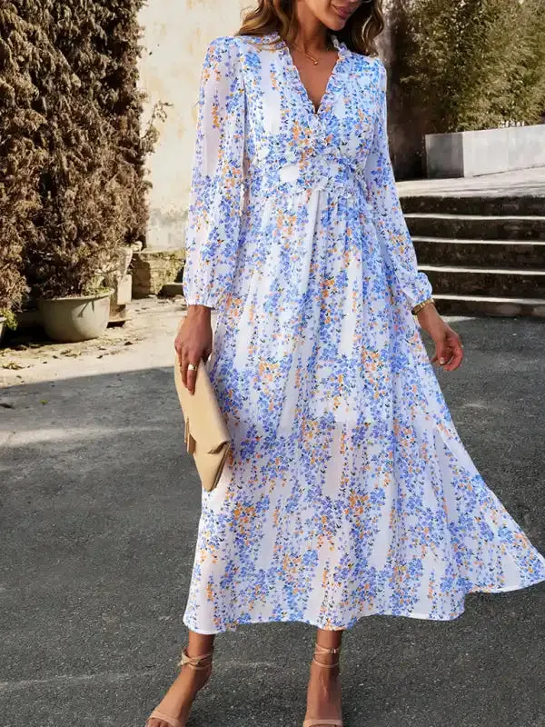 Women’s Fashion V Neck Long Sleeves Elegant Chiffon Casual Dress