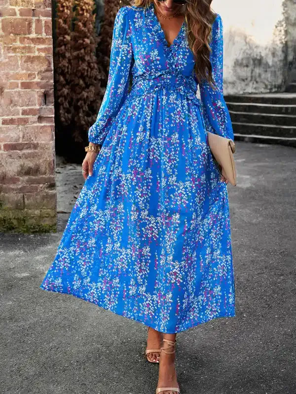 Women’s Fashion V Neck Long Sleeves Elegant Chiffon Casual Dress