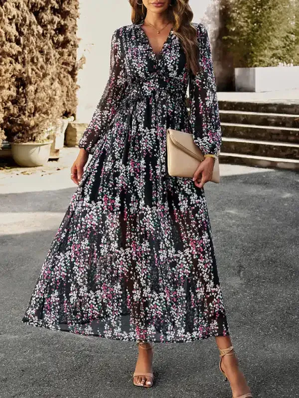 Women’s Fashion V Neck Long Sleeves Elegant Chiffon Casual Dress