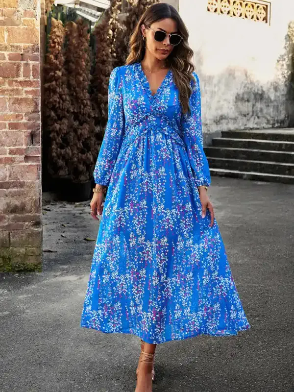 Women’s Fashion V Neck Long Sleeves Elegant Chiffon Casual Dress