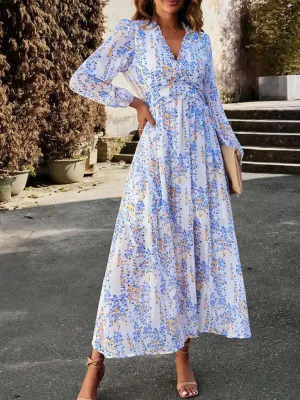 Women’s Fashion V Neck Long Sleeves Elegant Chiffon Casual Dress