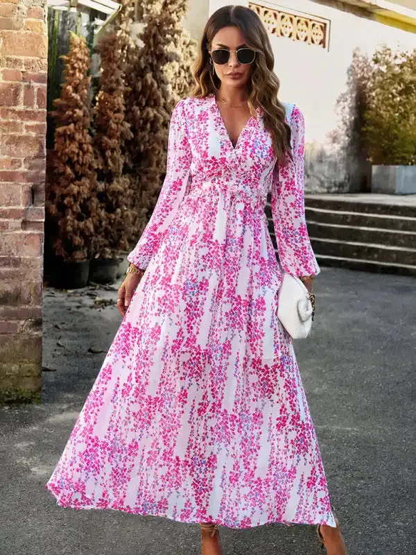 Women’s Fashion V Neck Long Sleeves Elegant Chiffon Casual Dress