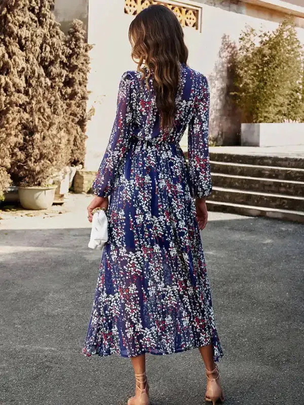 Women’s Fashion V Neck Long Sleeves Elegant Chiffon Casual Dress