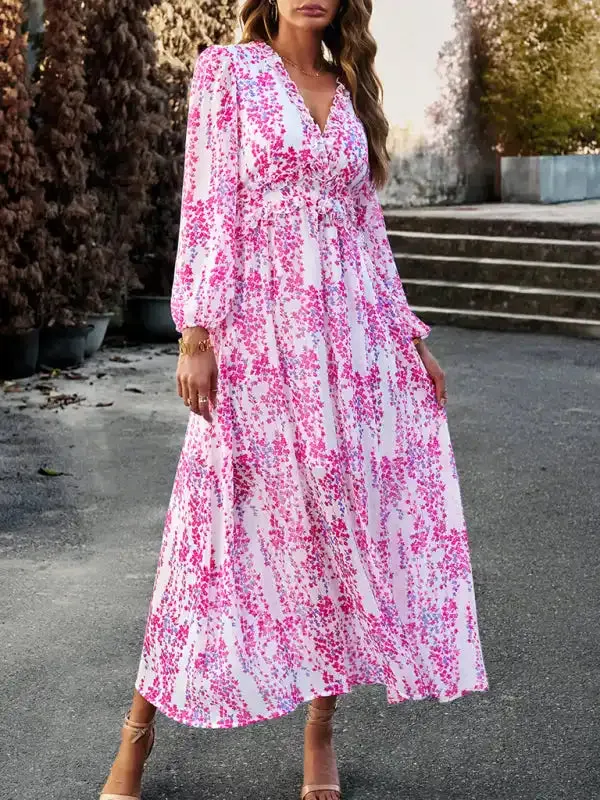 Women’s Fashion V Neck Long Sleeves Elegant Chiffon Casual Dress