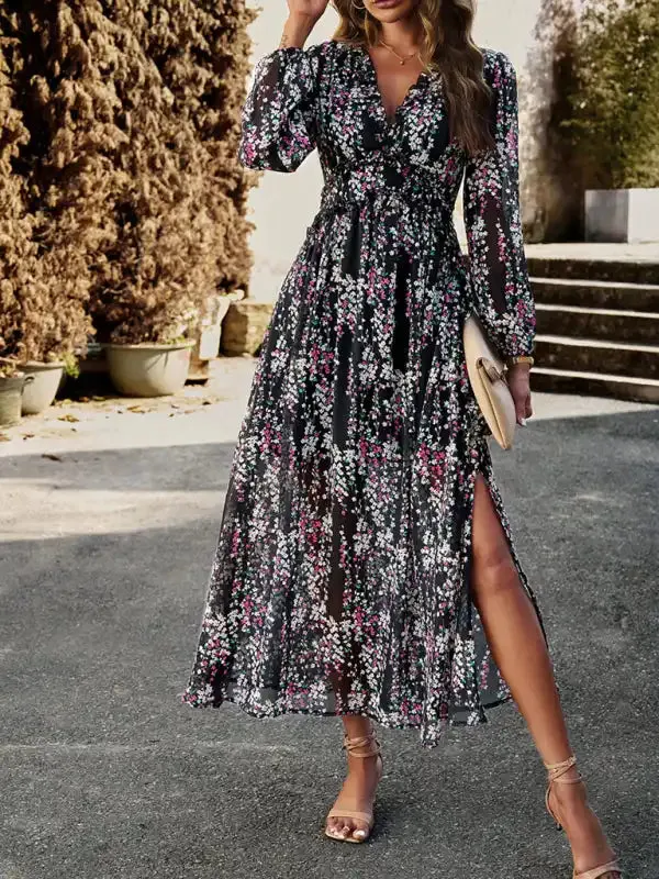 Women’s Fashion V Neck Long Sleeves Elegant Chiffon Casual Dress