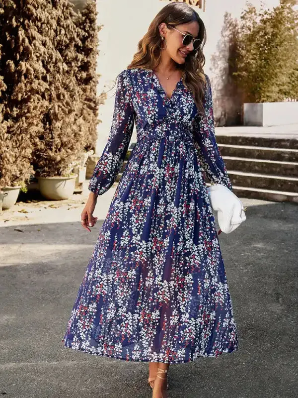 Women’s Fashion V Neck Long Sleeves Elegant Chiffon Casual Dress
