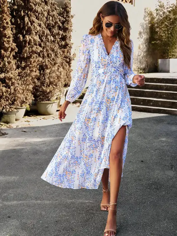 Women’s Fashion V Neck Long Sleeves Elegant Chiffon Casual Dress