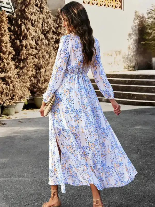 Women’s Fashion V Neck Long Sleeves Elegant Chiffon Casual Dress
