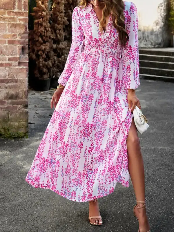 Women’s Fashion V Neck Long Sleeves Elegant Chiffon Casual Dress
