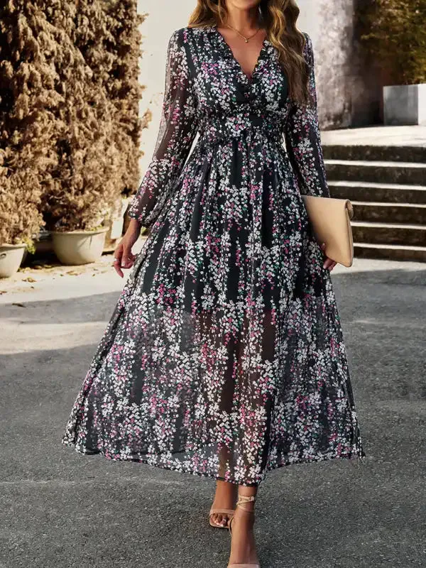 Women’s Fashion V Neck Long Sleeves Elegant Chiffon Casual Dress