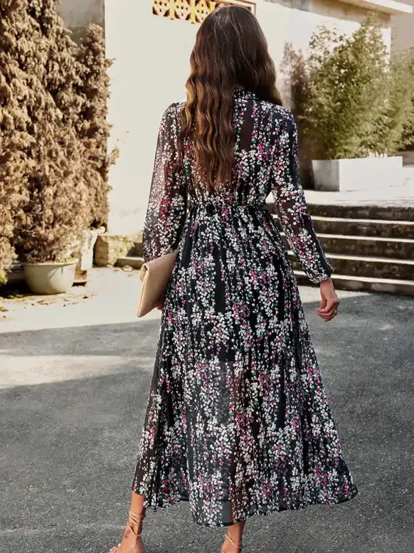 Women’s Fashion V Neck Long Sleeves Elegant Chiffon Casual Dress