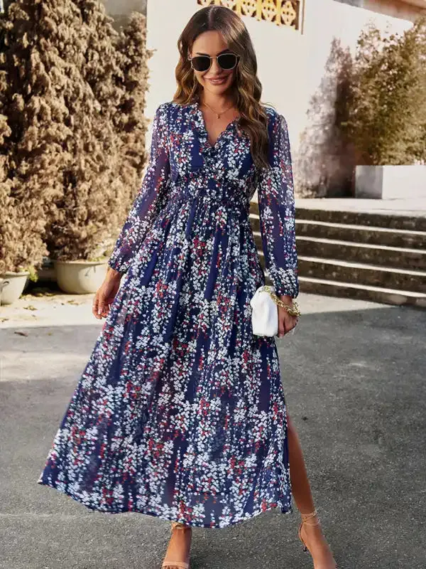 Women’s Fashion V Neck Long Sleeves Elegant Chiffon Casual Dress