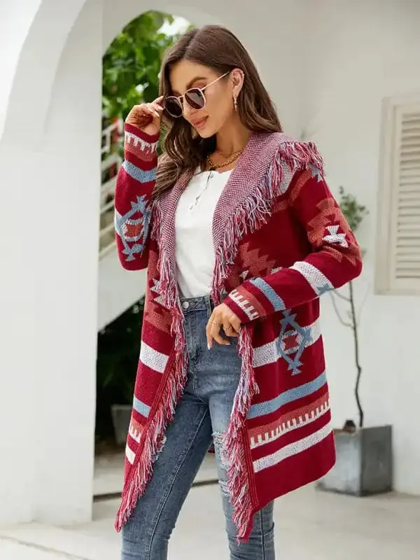 Women’s fringed geometric jacquard sweater cardigan