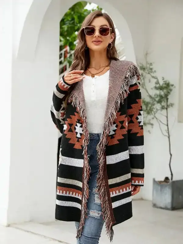 Women’s fringed geometric jacquard sweater cardigan