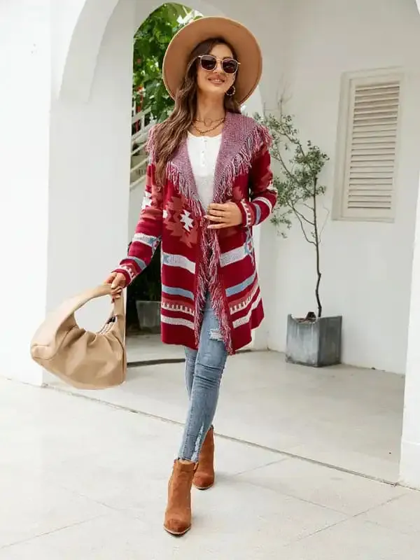 Women’s fringed geometric jacquard sweater cardigan