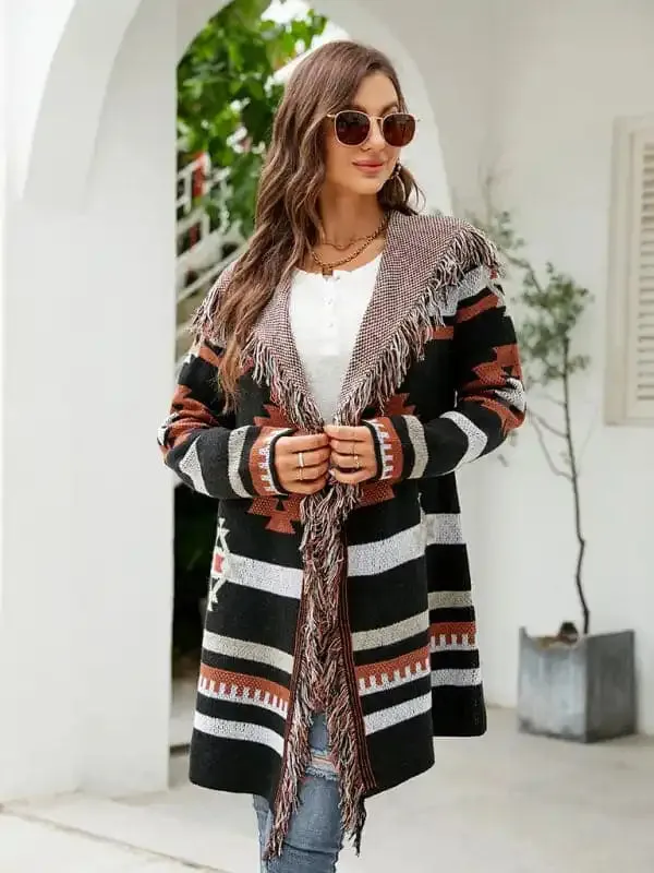 Women’s fringed geometric jacquard sweater cardigan