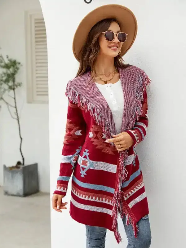 Women’s fringed geometric jacquard sweater cardigan