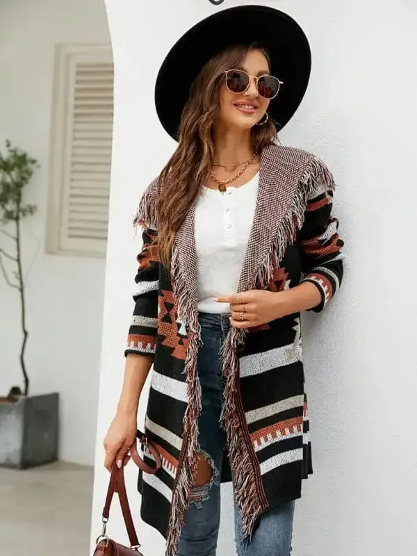 Women’s fringed geometric jacquard sweater cardigan