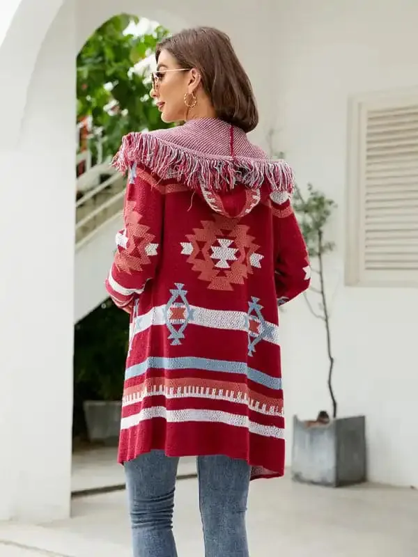 Women’s fringed geometric jacquard sweater cardigan