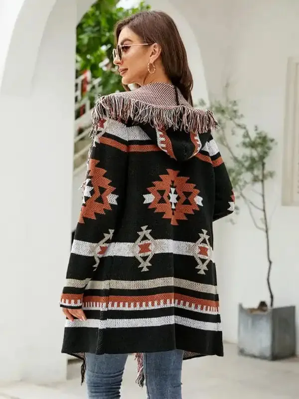 Women’s fringed geometric jacquard sweater cardigan