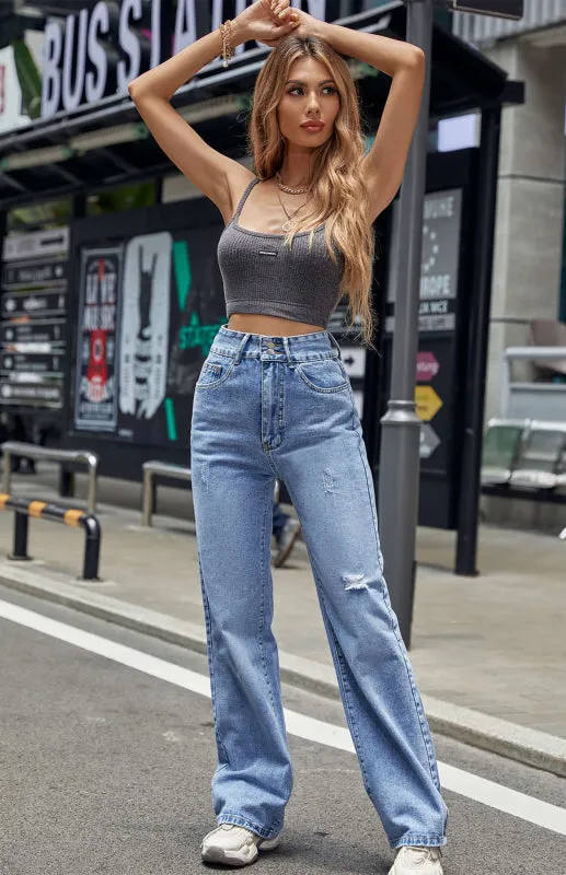 Women's High Waist Straight Tube Slim Loose Jeans