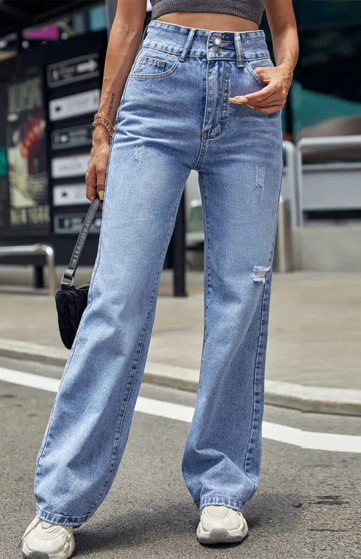 Women's High Waist Straight Tube Slim Loose Jeans