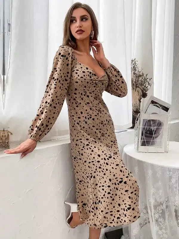 Women’s retro women’s leopard print backless long-sleeved elegant dresses