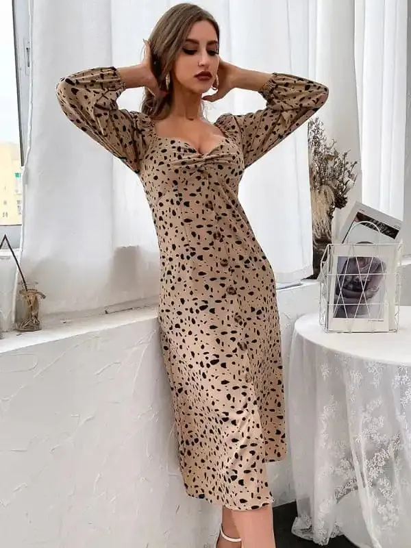 Women’s retro women’s leopard print backless long-sleeved elegant dresses